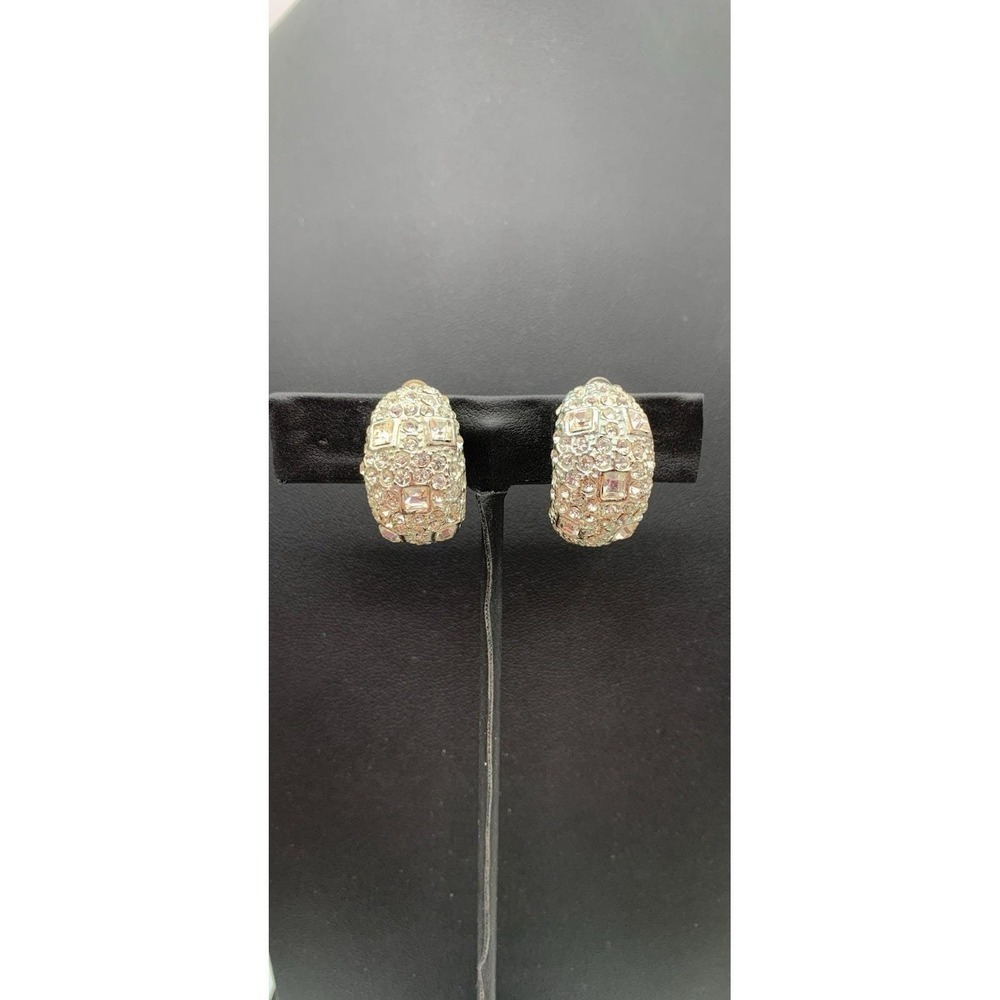 Vintage Gay Boyer Sparkly Silver Tone & Rhinestones Half Hoop Clip On Earrings